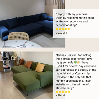 Two images of Crystal l-shaped sofa with customer reviews displayed.