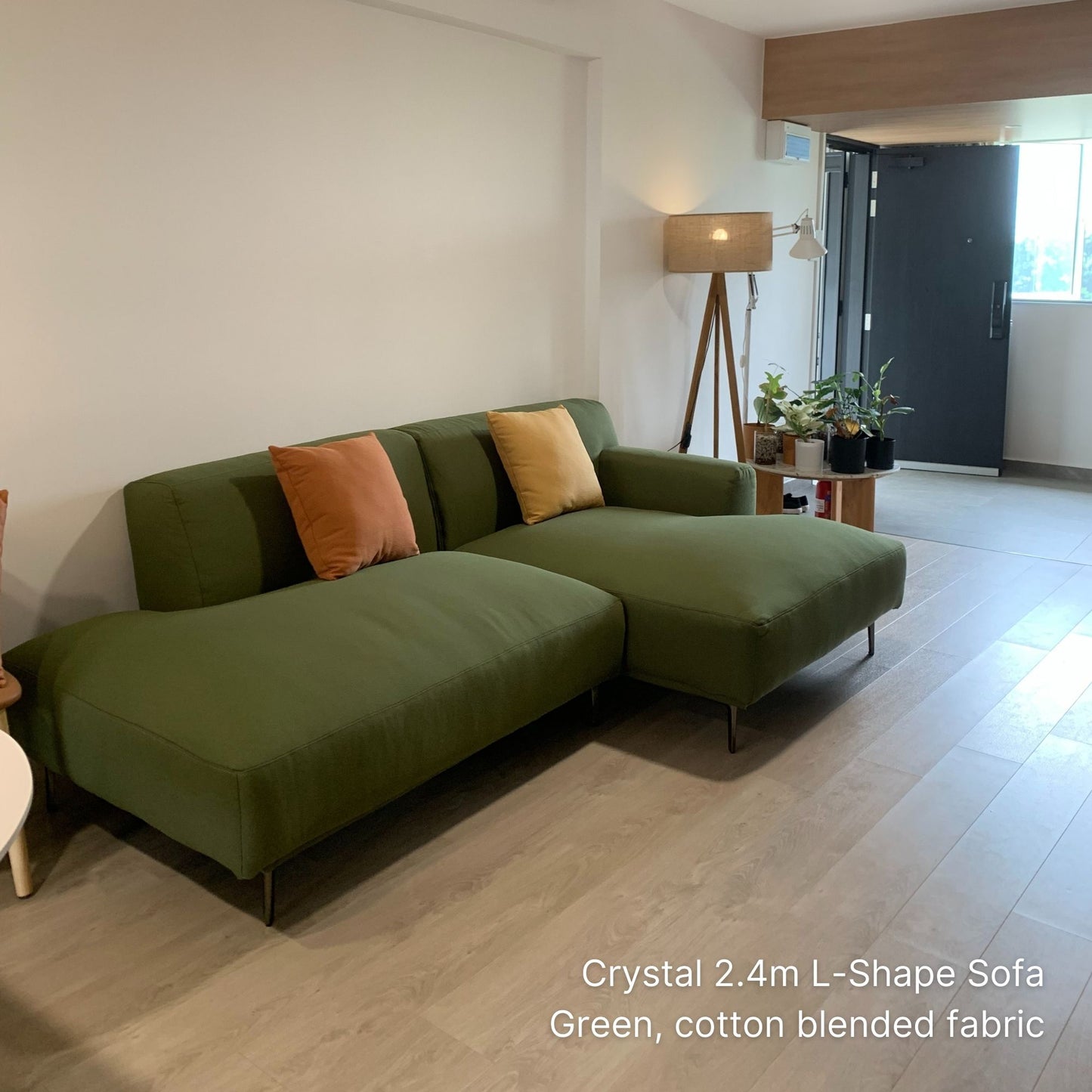Delivered 3 seater Crystal 240cm Crystal fabric l-shaped one arm sectional sofa in green cotton blended fabric