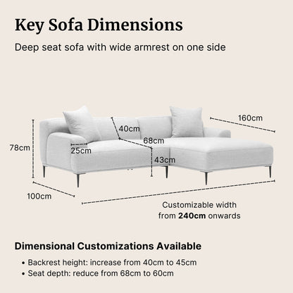 Measurement chart of a deep seat sofa with wide armrest on one side, showing dimensions in centimeters.