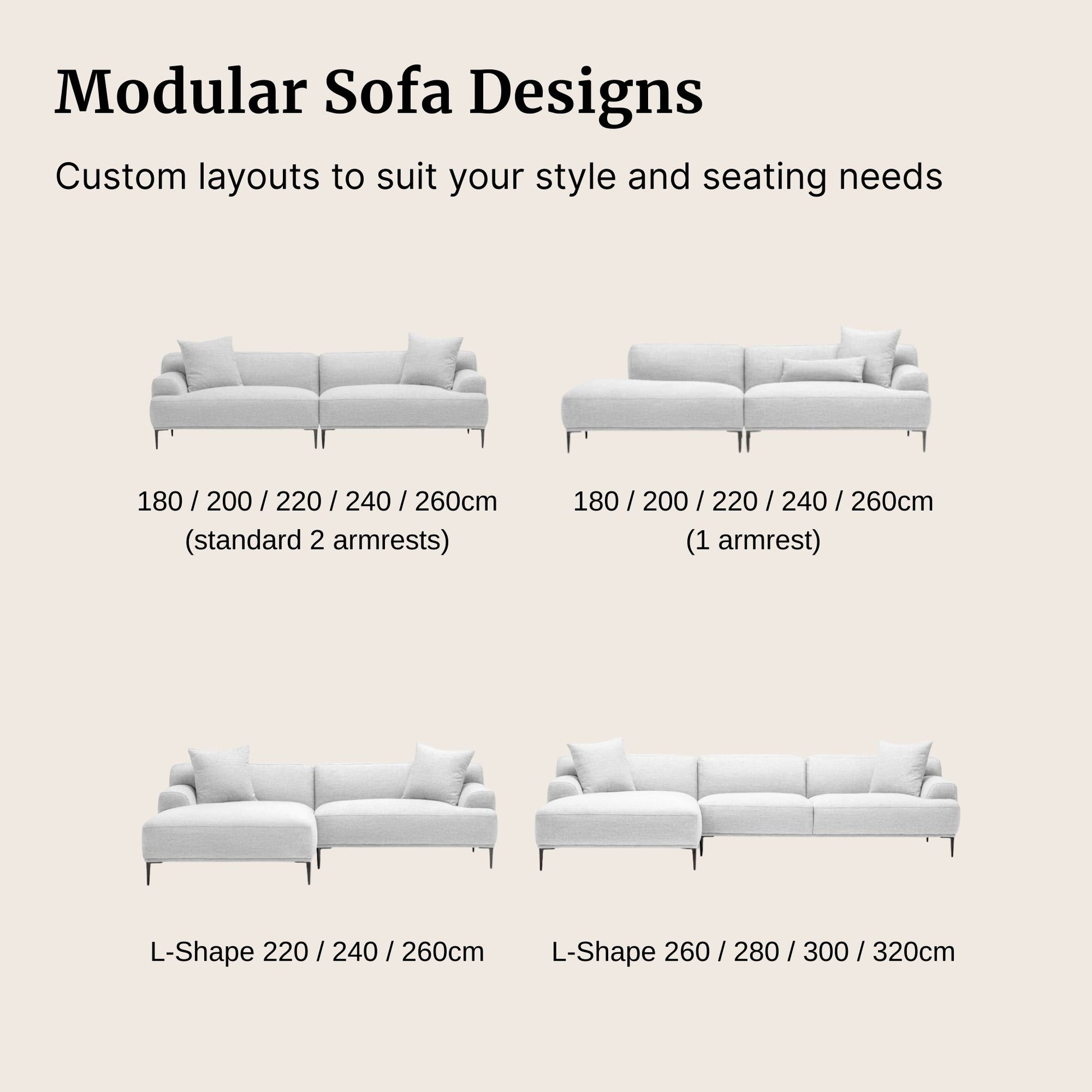 Crystal fabric sofa modular designs with customizable armrest and seat dimensions on a beige background.