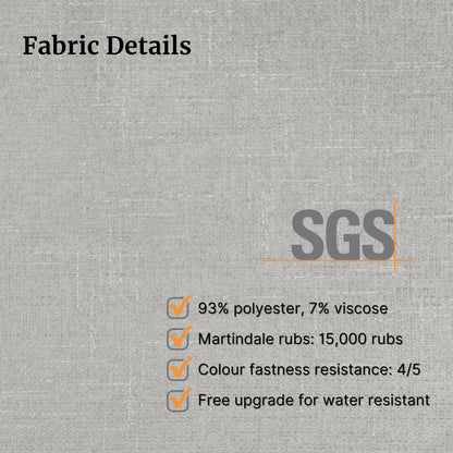 Fabric details with SGS certification on a gray textured background