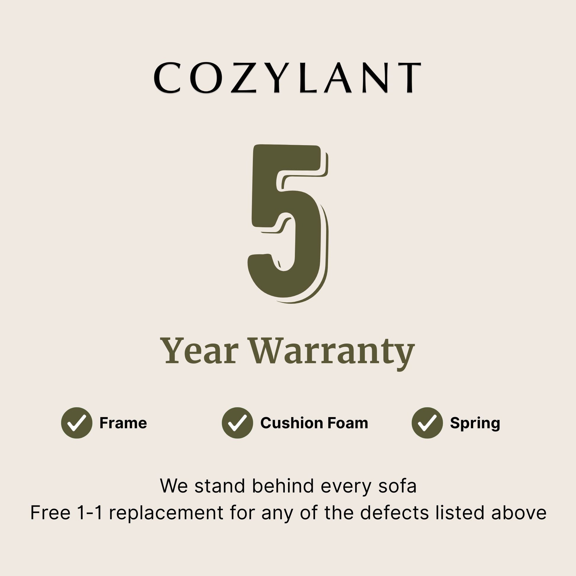 Cozylant 5-year warranty graphic with a beige background