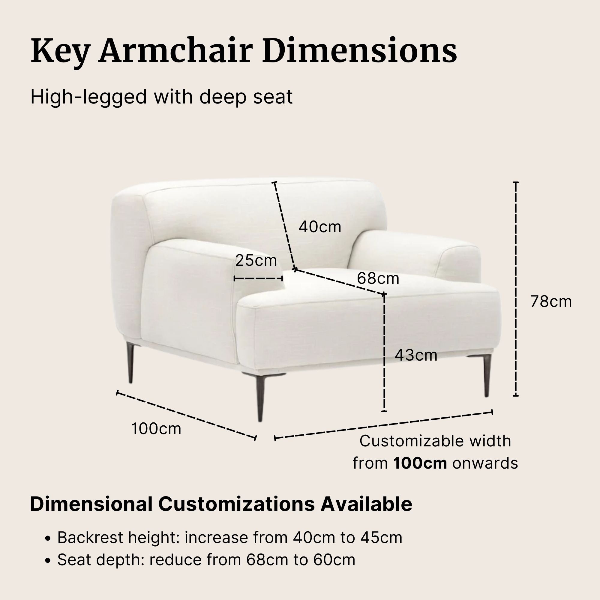 White armchair with dimensions on a beige background