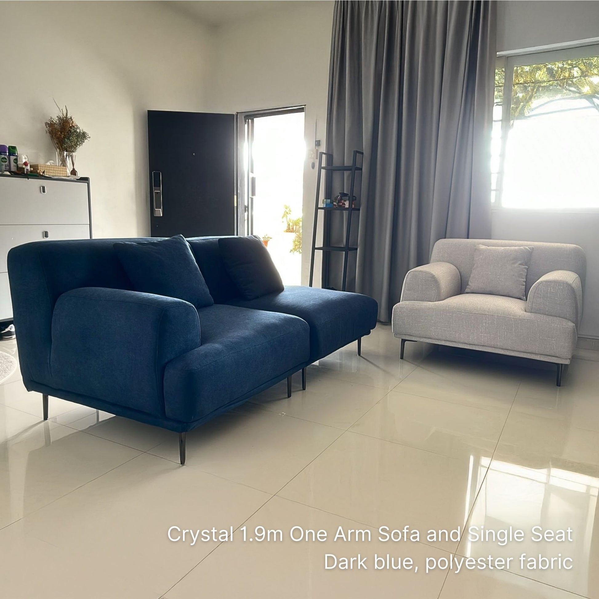 Crystal 2 seater 190cm blue fabric one arm sofa with left arm and lounge chair delivered to our customer