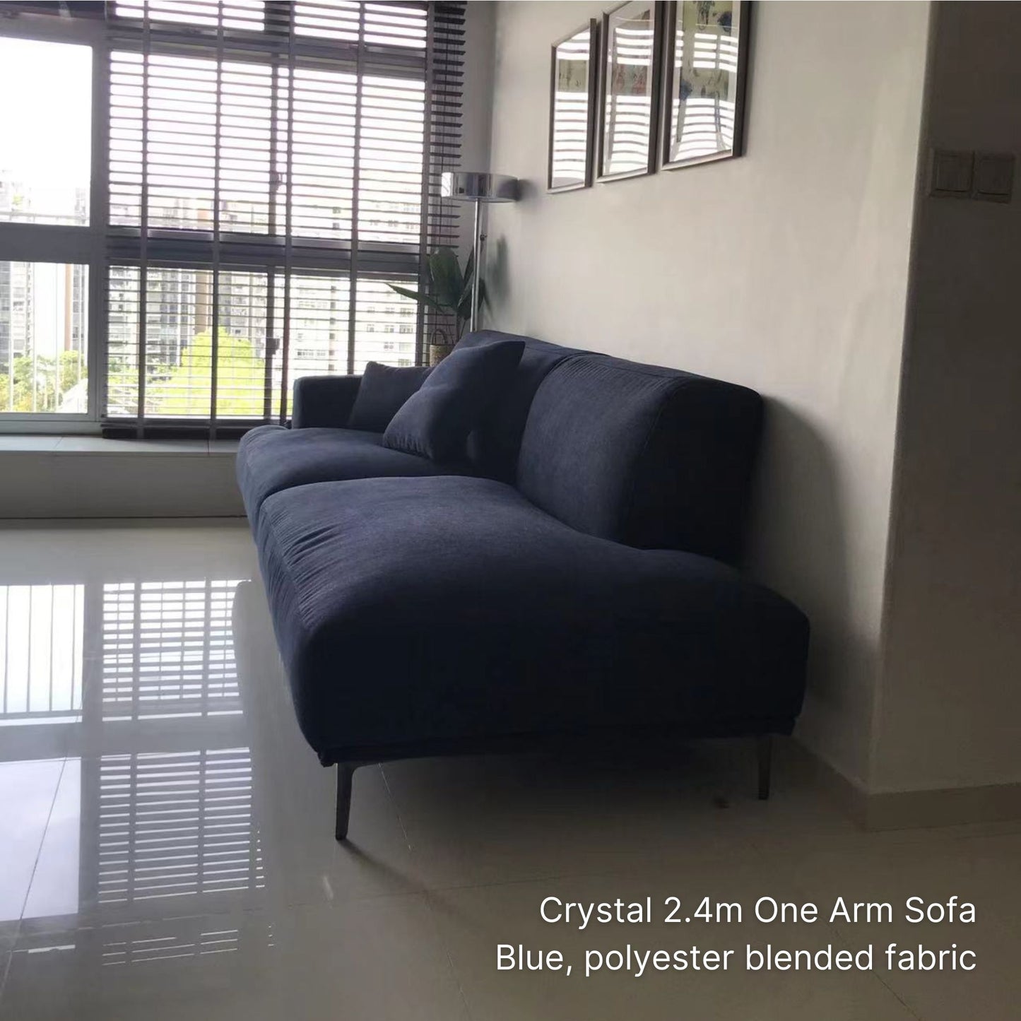 3 seater Crystal fabric one arm sofa with left arm in blue in real homes