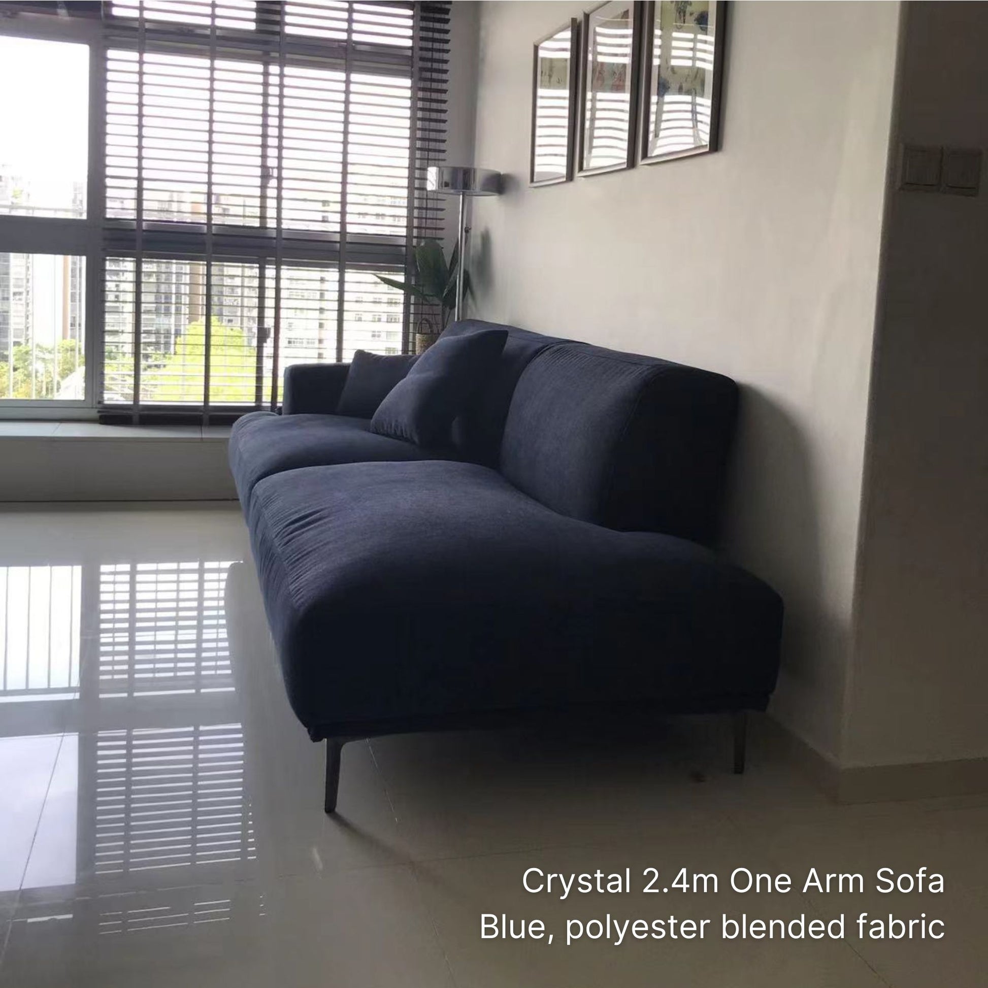 3 seater Crystal fabric one arm sofa with left arm in blue in real homes