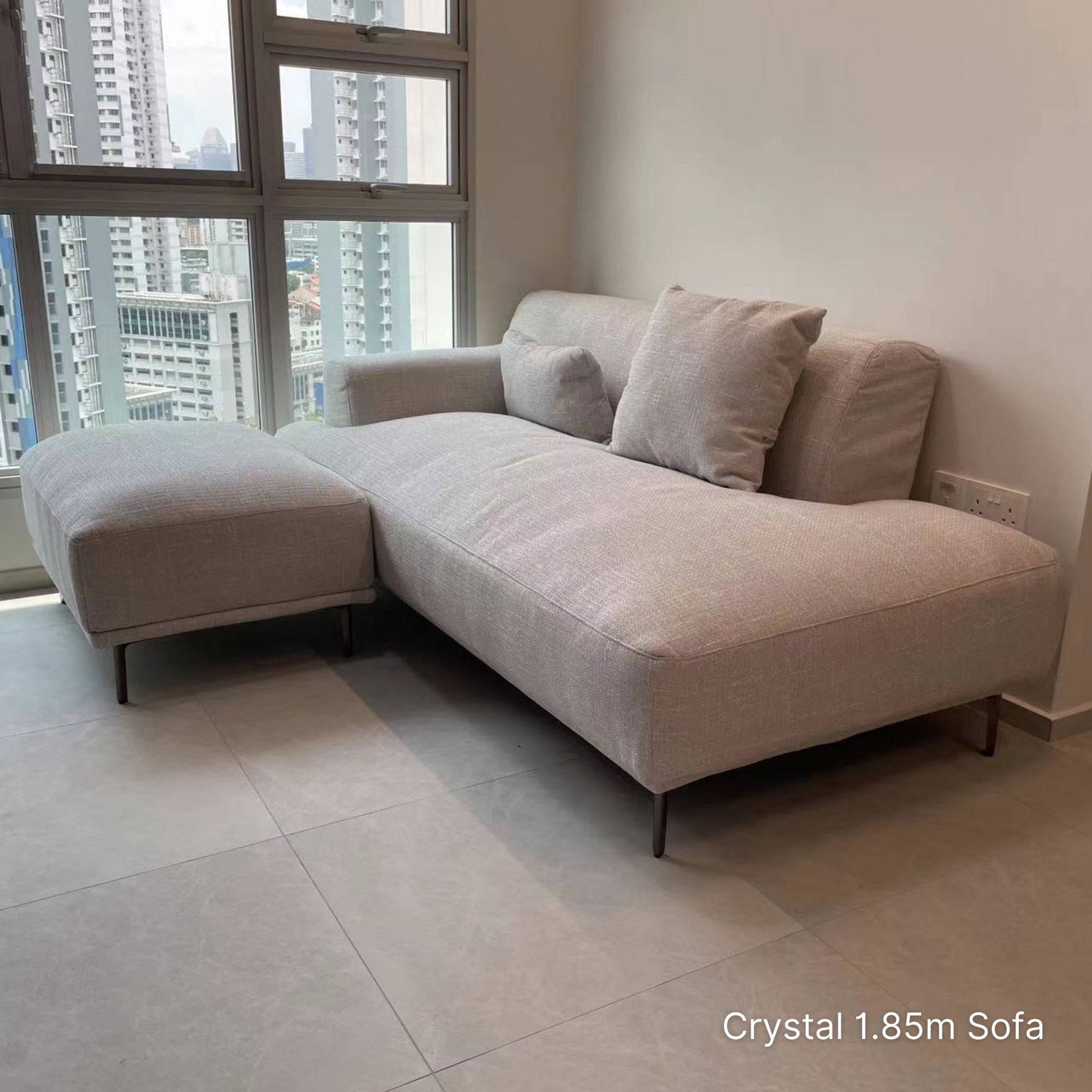 Grey Crystal fabric one arm sofa with left arm, bench seat at 185cm in our Customer's home with matching ottoman