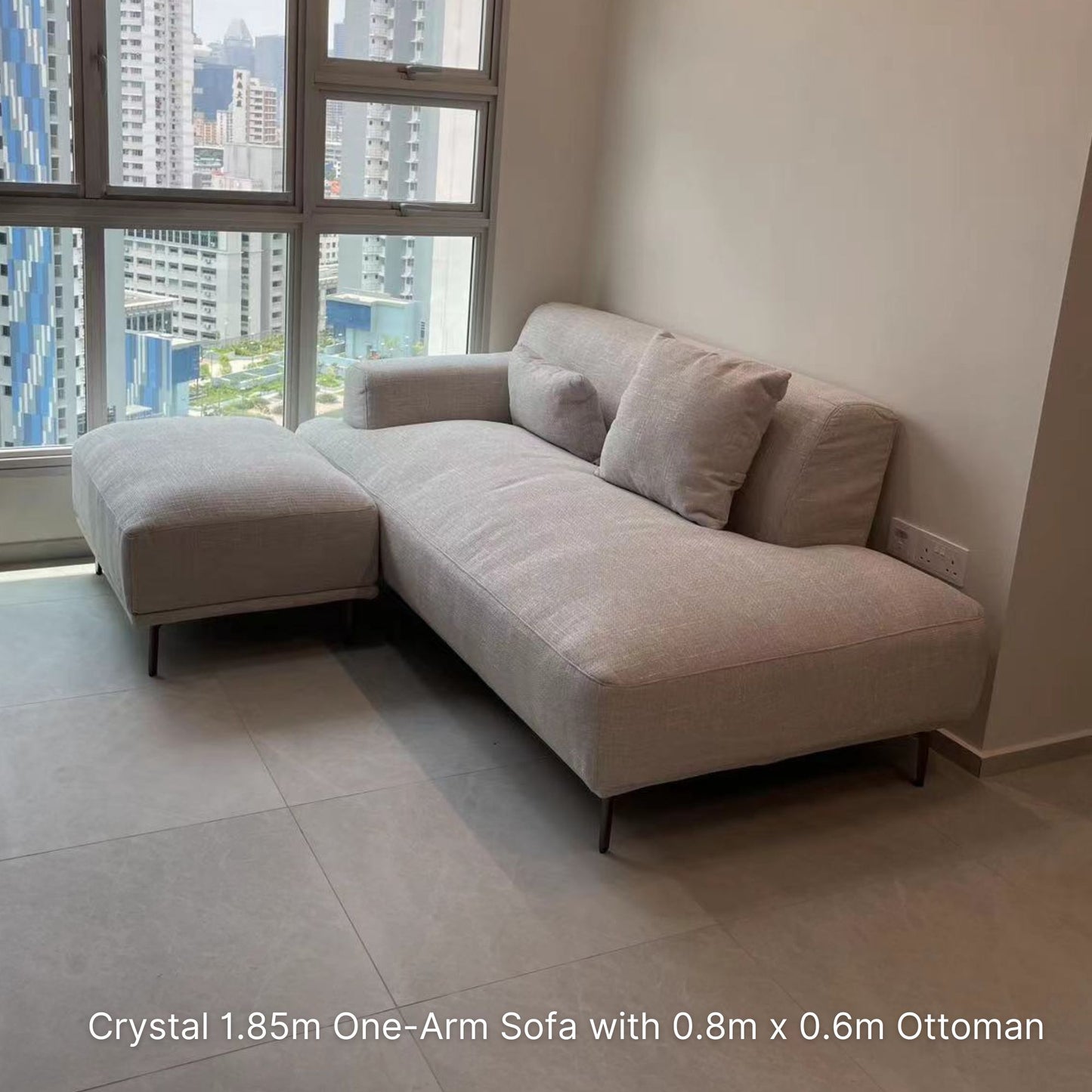 Crystal 2 seater grey fabric one arm sofa with matching ottoman