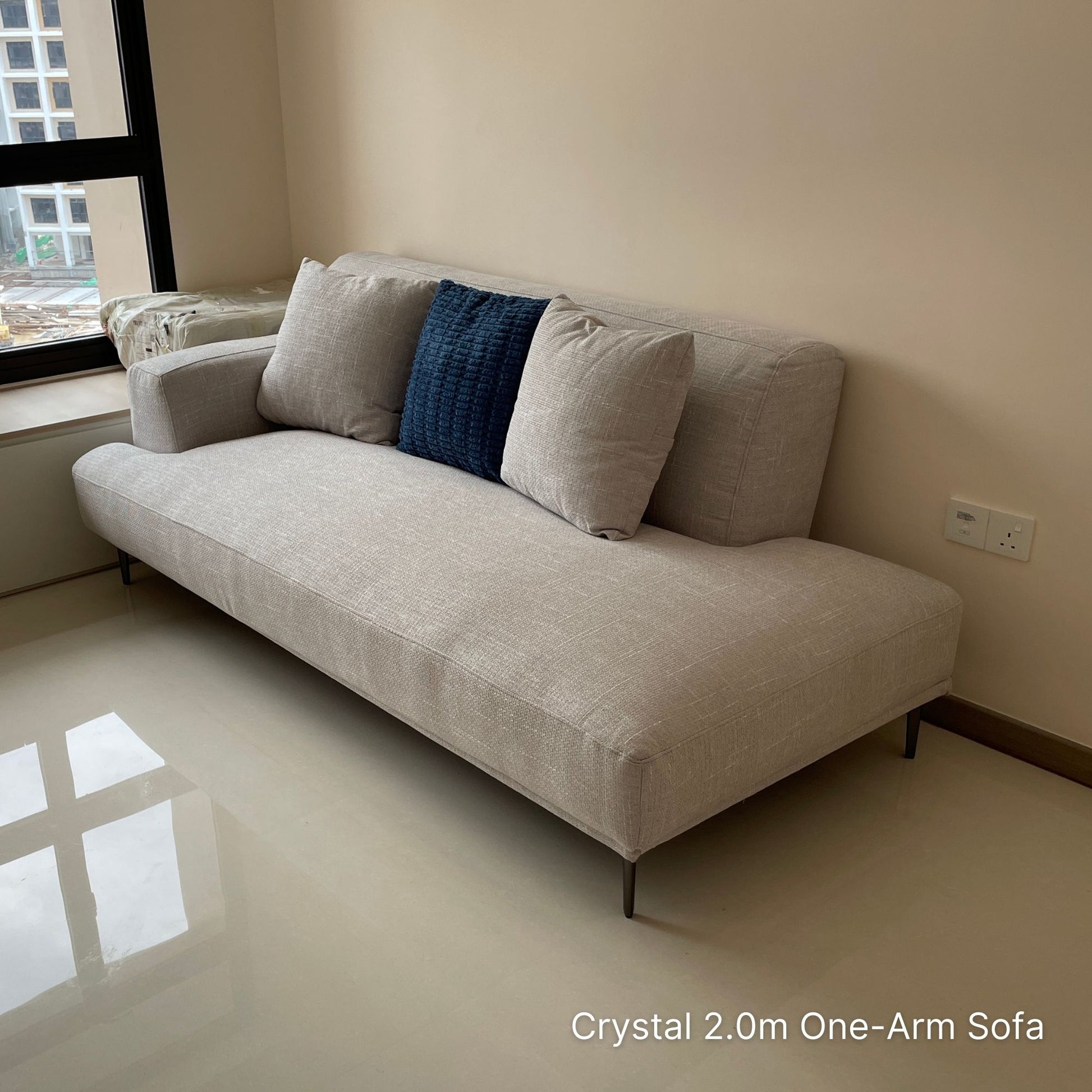 Crystal 200cm fabric one arm sofa with bench seat and left arm sample at customer's home