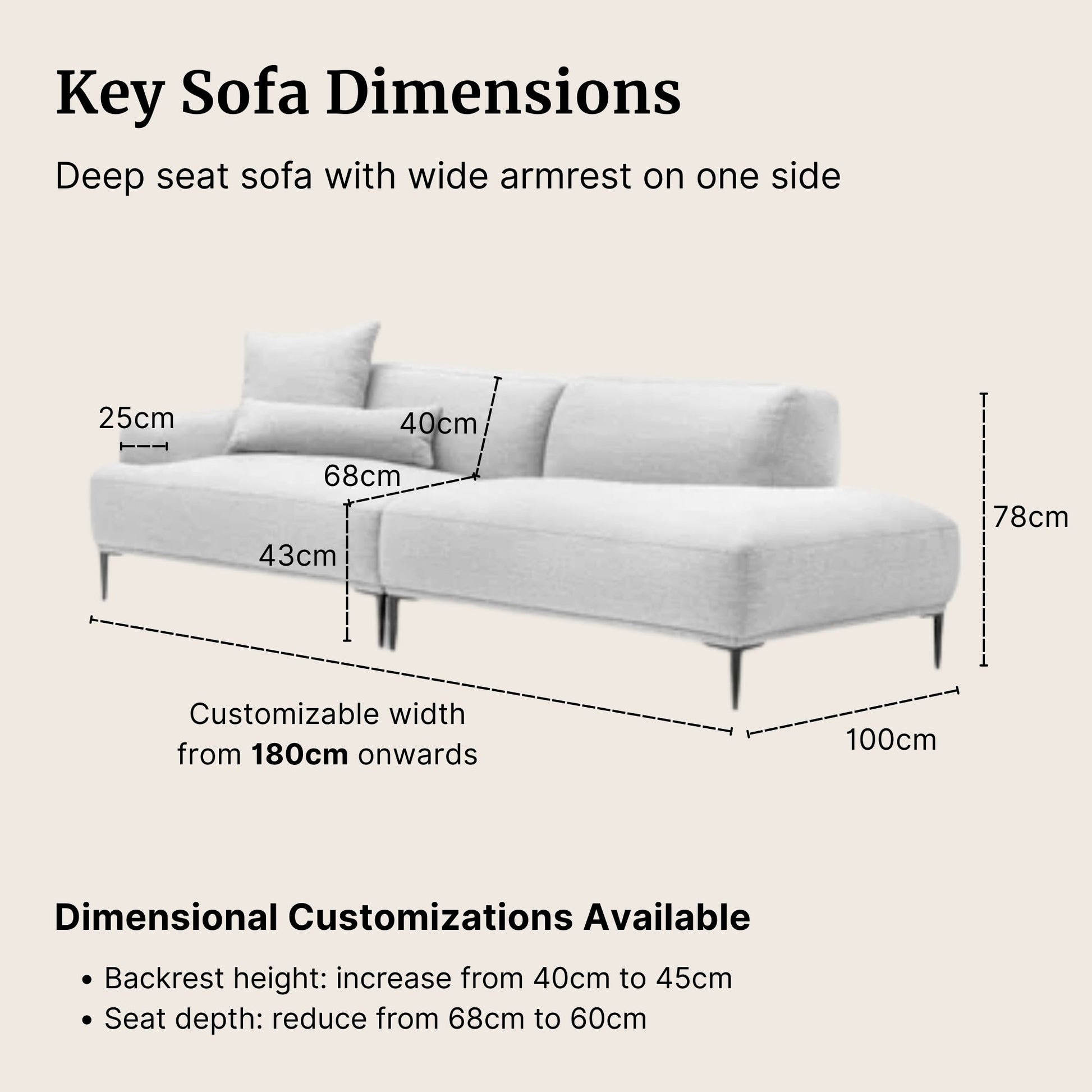 Diagram of Crystal fabric one arm deep seat sofa with wide armrest on one side, showing dimensions and customizable features.