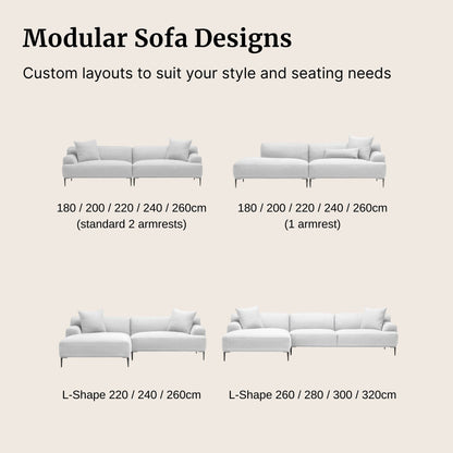 Modular Crystal fabric sofa designs with customizable armrest and seat dimensions on a beige background.