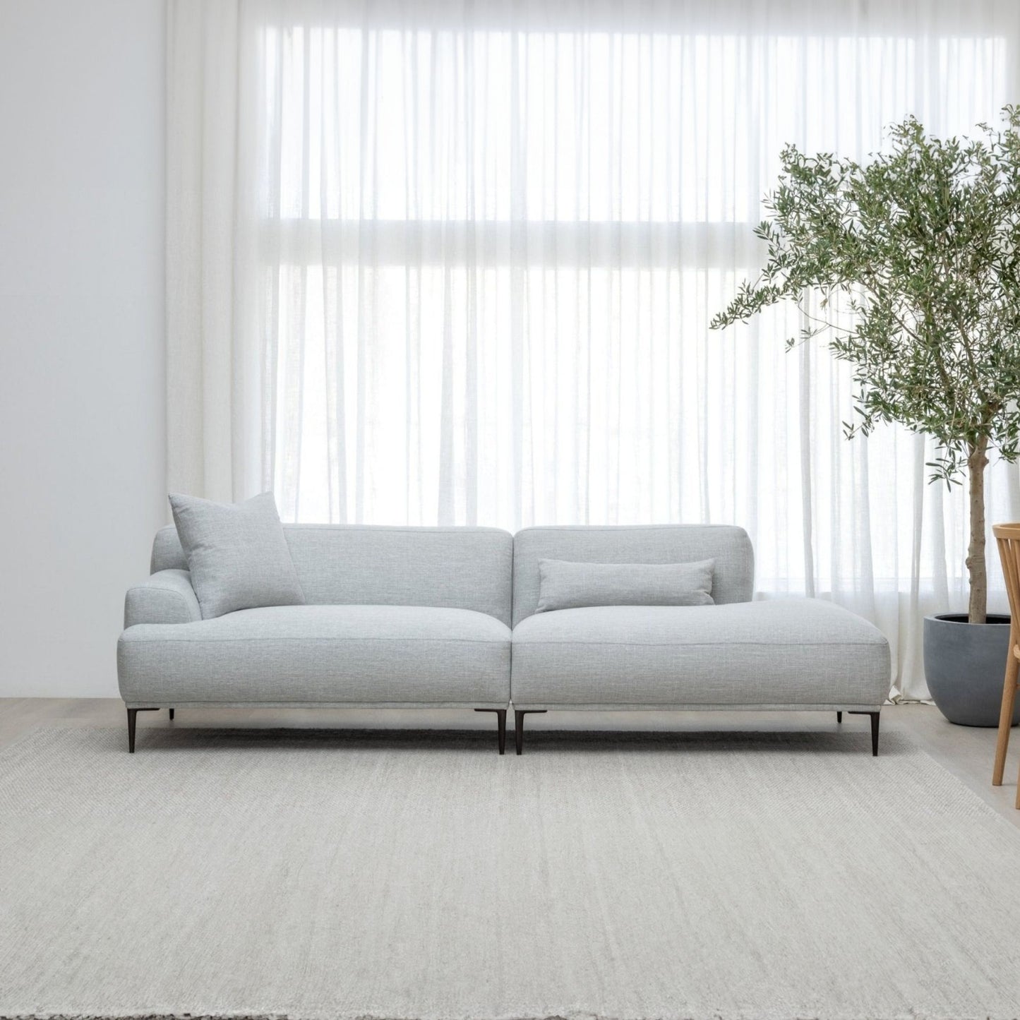 Gray sofa in a modern living room with large windows and a plant.