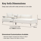 White Crystal fabric one arm sofa with dimensions labeled on a beige background