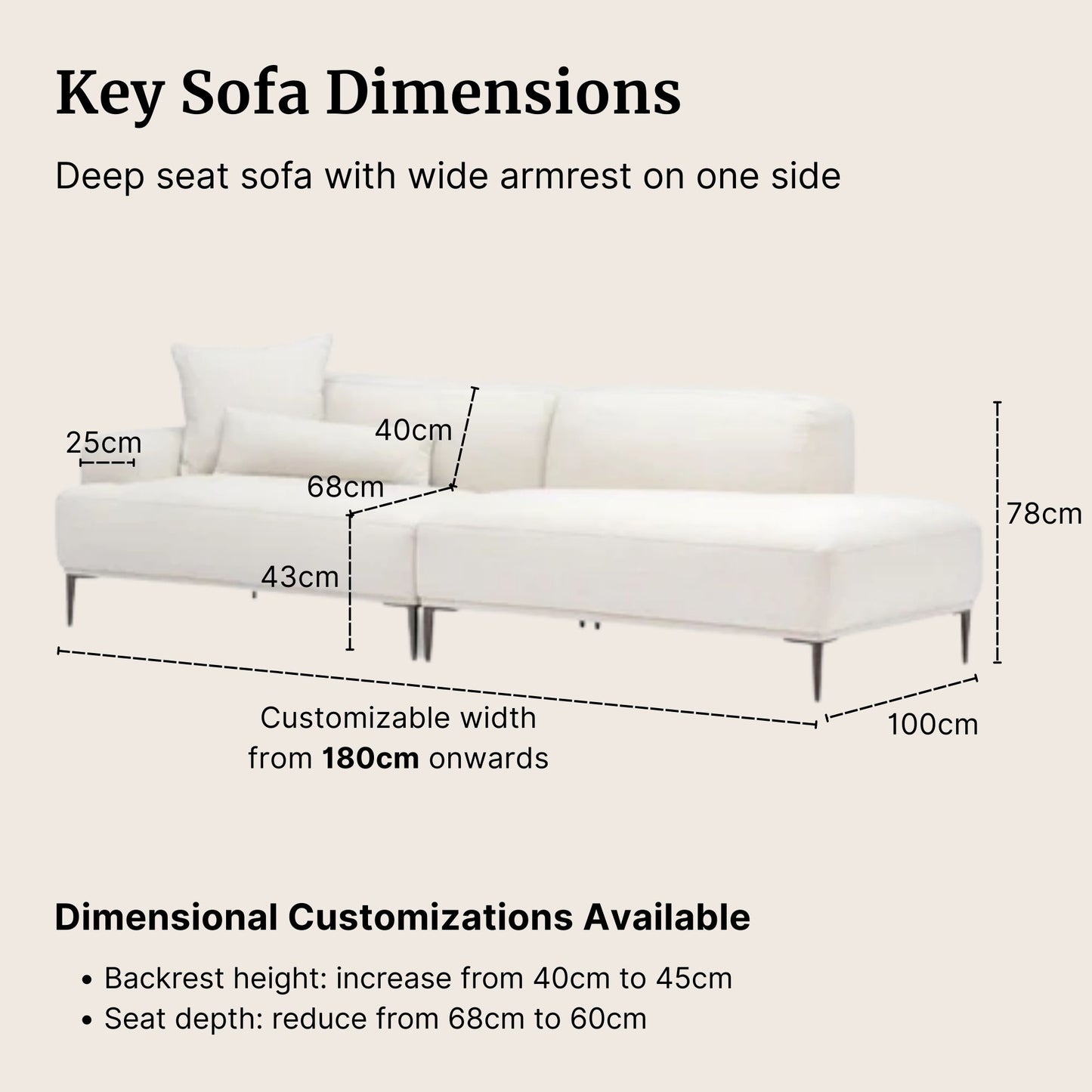 White Crystal fabric one arm sofa with dimensions labeled on a beige background