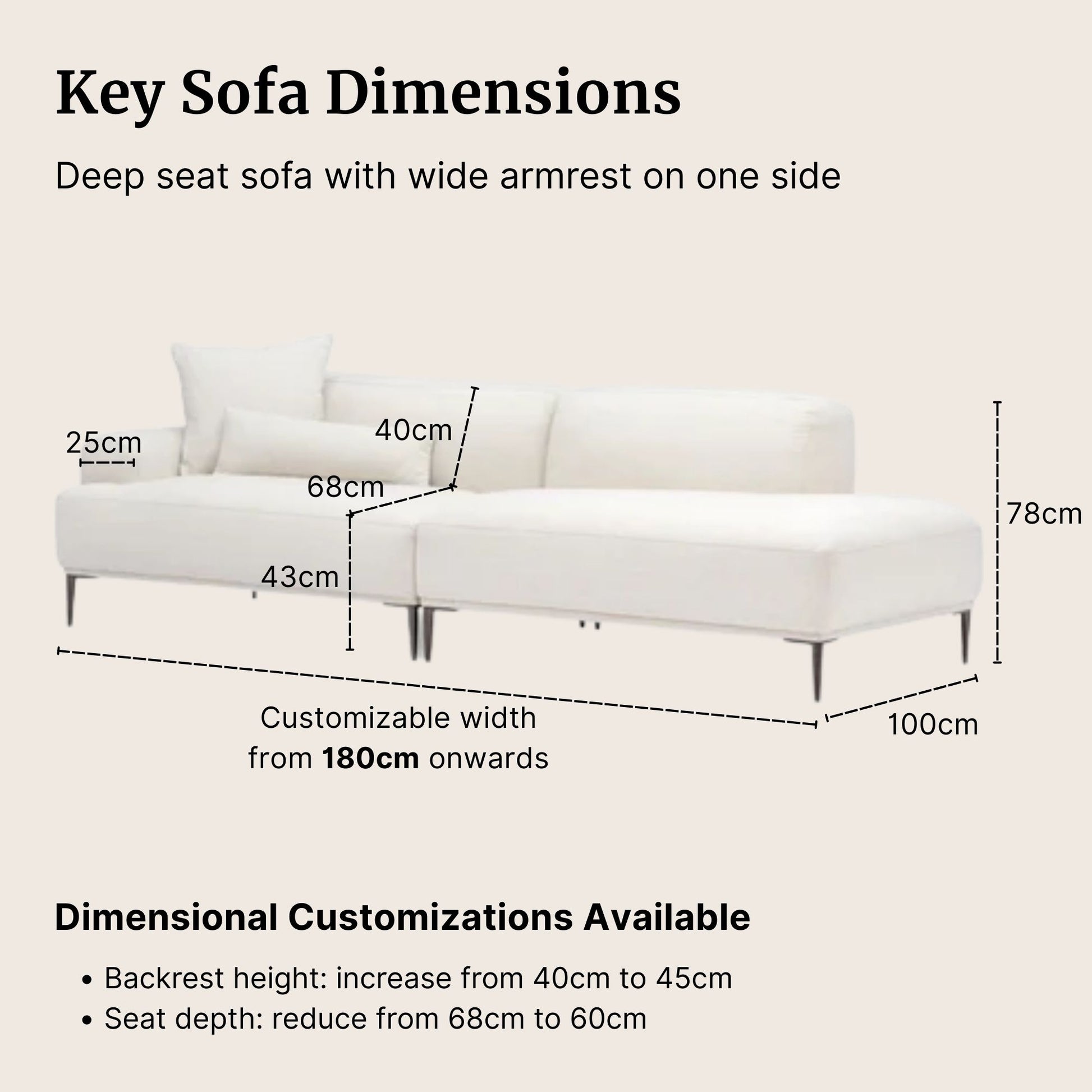 White Crystal fabric one arm sofa with dimensions labeled on a beige background