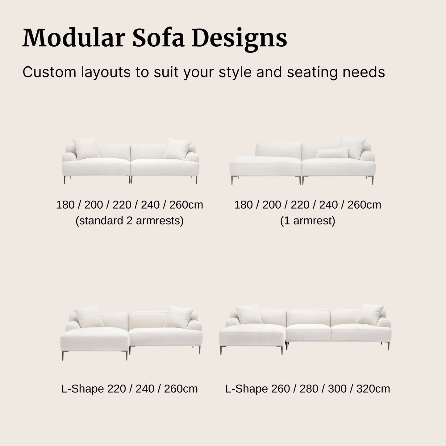 Modular sofa designs with customizable armrest and length options for Crystal fabric one arm sofa on a beige background.