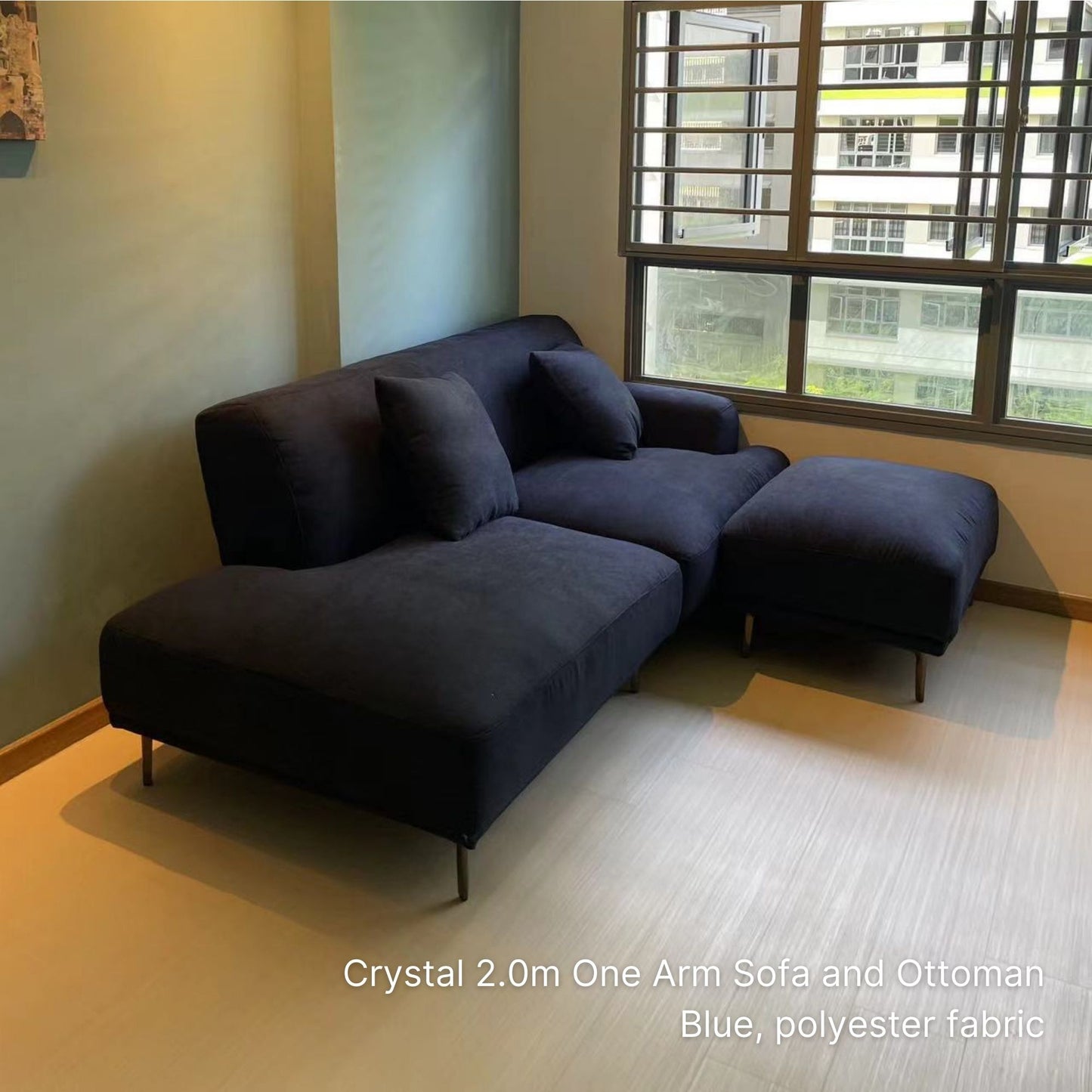 Crystal 3 seater 200cm fabric one arm sofa in blue with matching ottoman in customer's living room