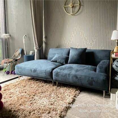 3 seater Crystal fabric one arm sofa with right arm in blue suede fabric in our customer's condo