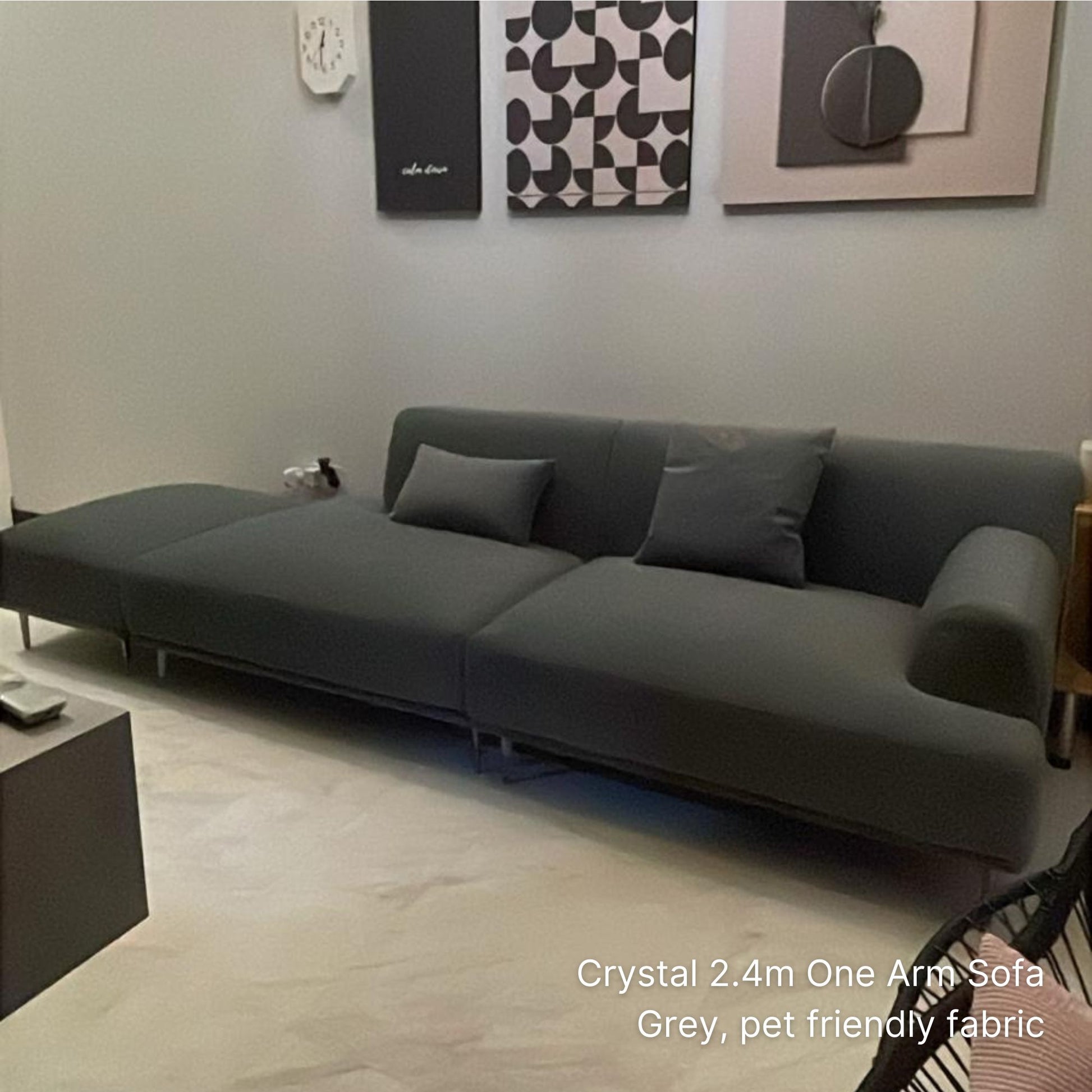 3 seater Crystal fabric one arm sofa with right arm at 240cm with matching ottoman in our customer's home