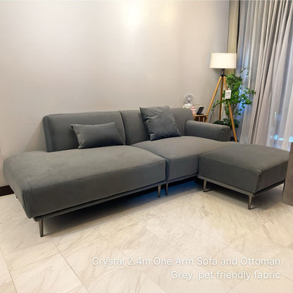 Crystal 240cm 3 seater fabric one arm sofa with right arm in grey pet friendly fabric with matching ottoman