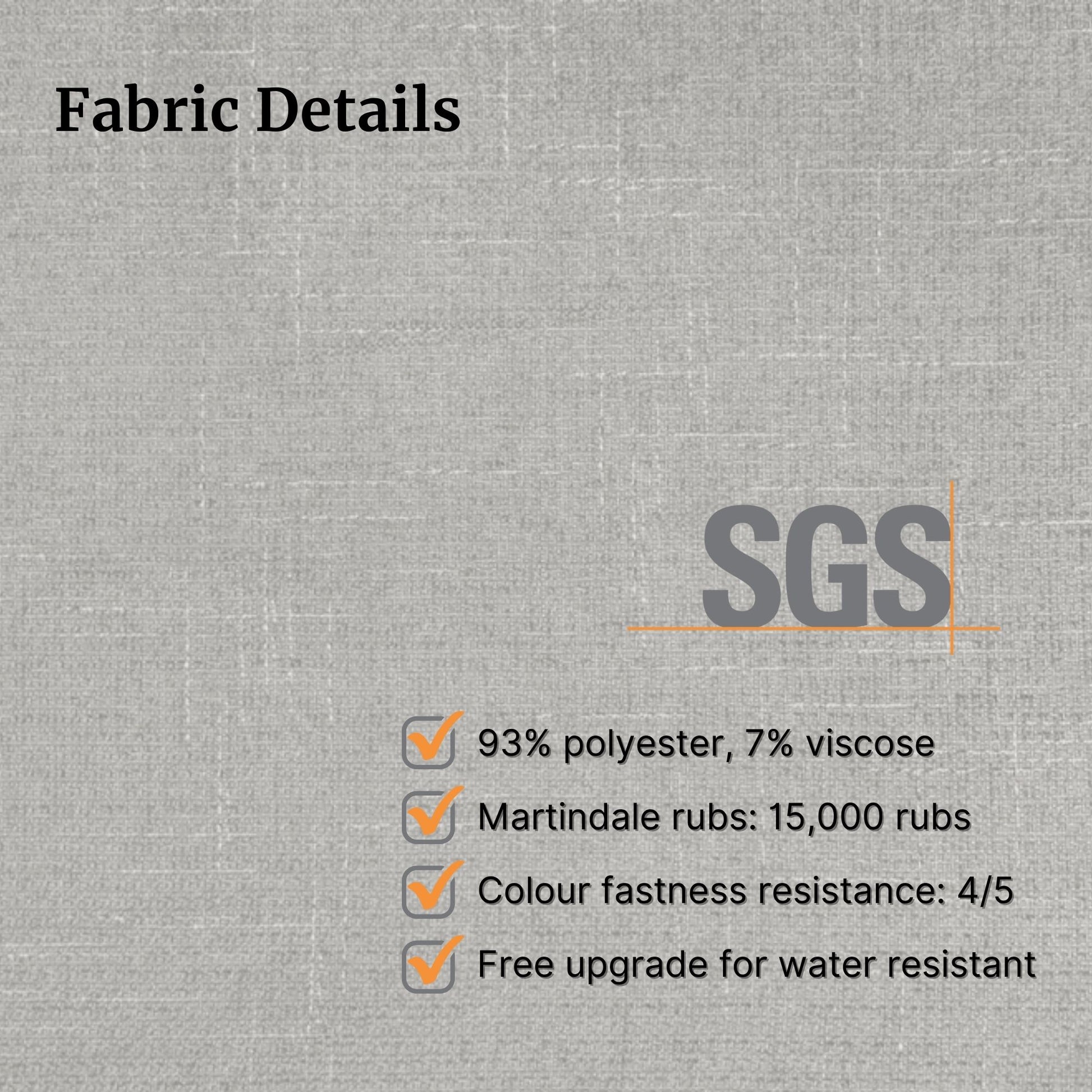 Fabric details on a gray background with SGS logo and text.