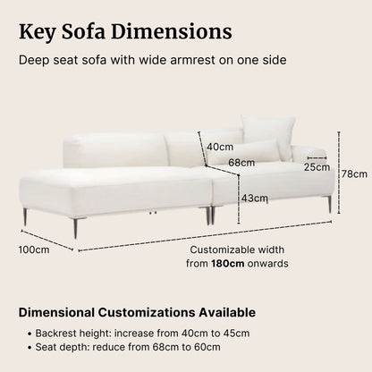 White Crystal fabric one arm sofa with dimensions labeled on a beige background