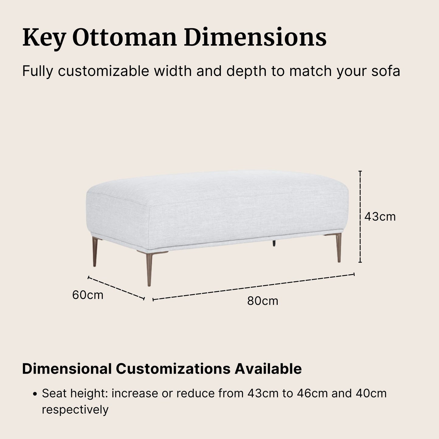 Ottoman with dimensions labeled on a beige background
