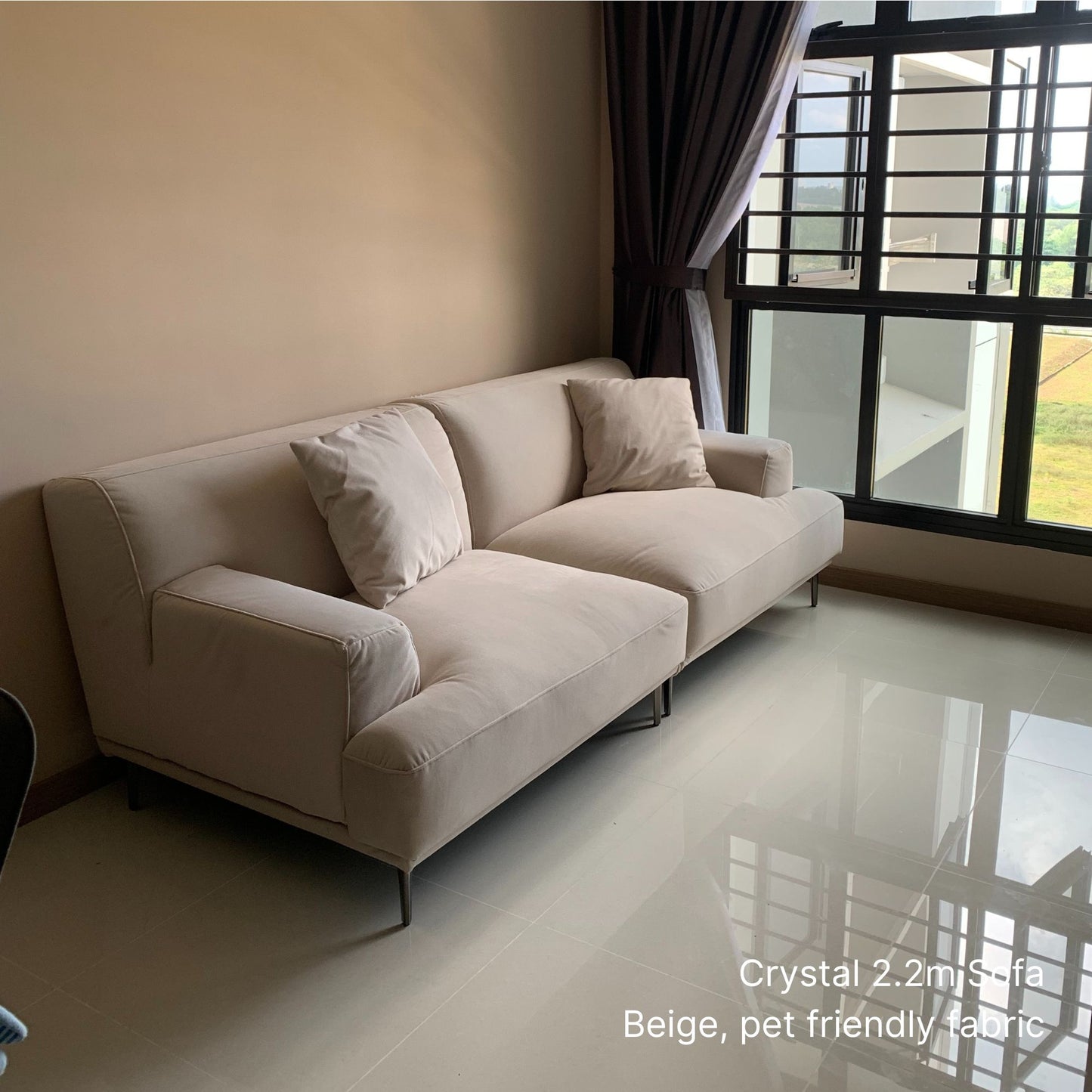 3 seater 220cm Crystal beige pet friendly sofa in a living room with a window in the background