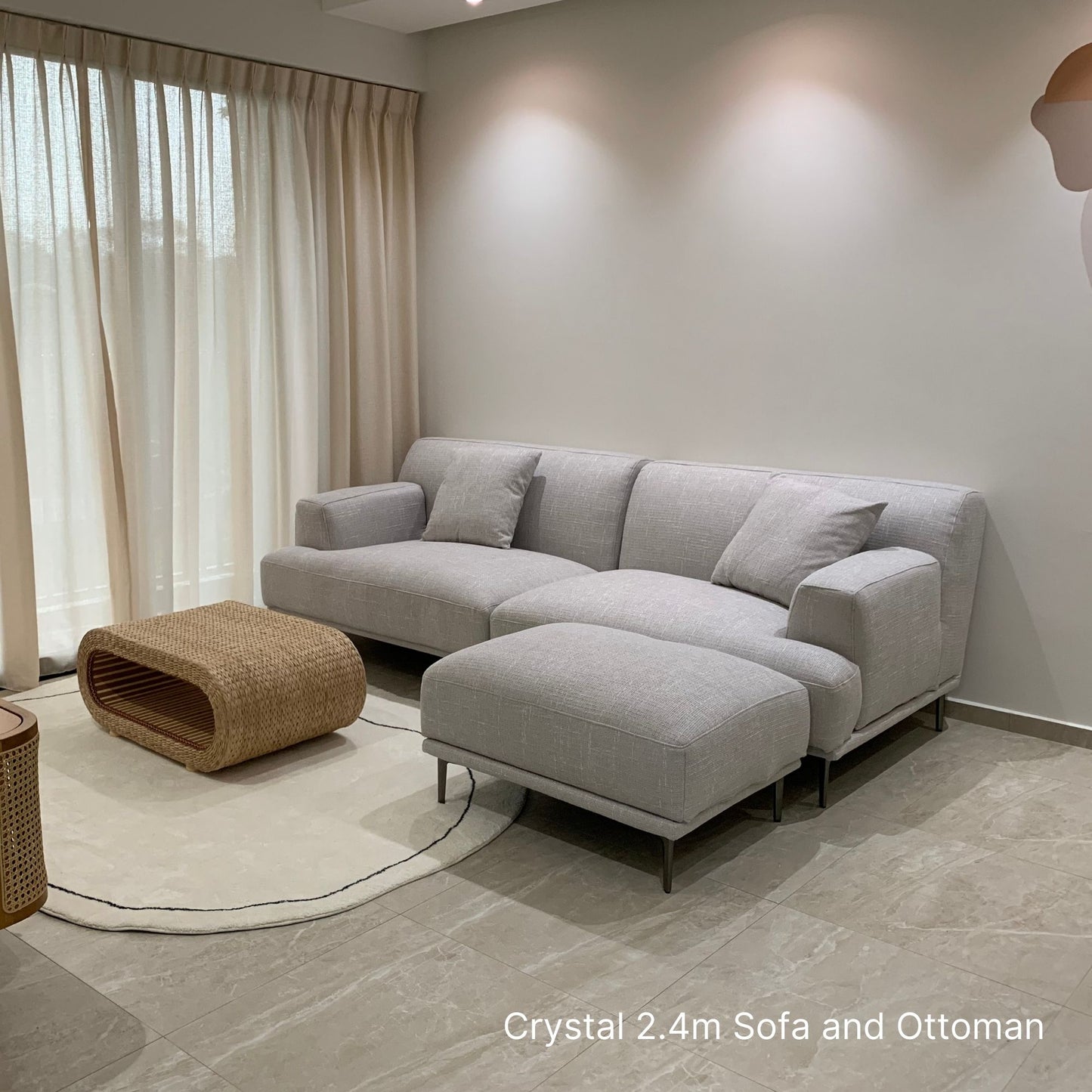 240cm 3 seater grey Crystal fabric sofa with matching ottoman