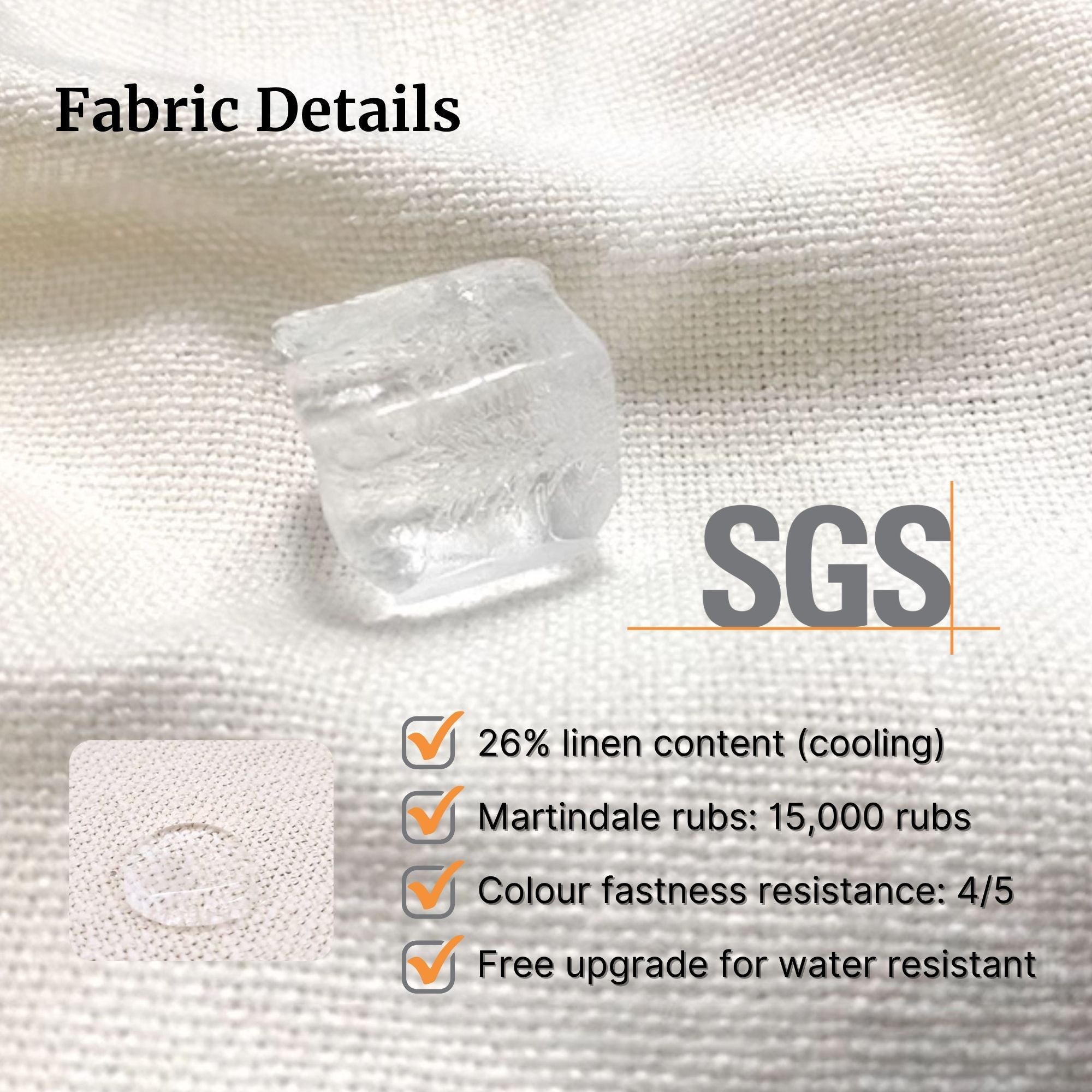 Fabric detail with SGS certification and fabric properties on a white background