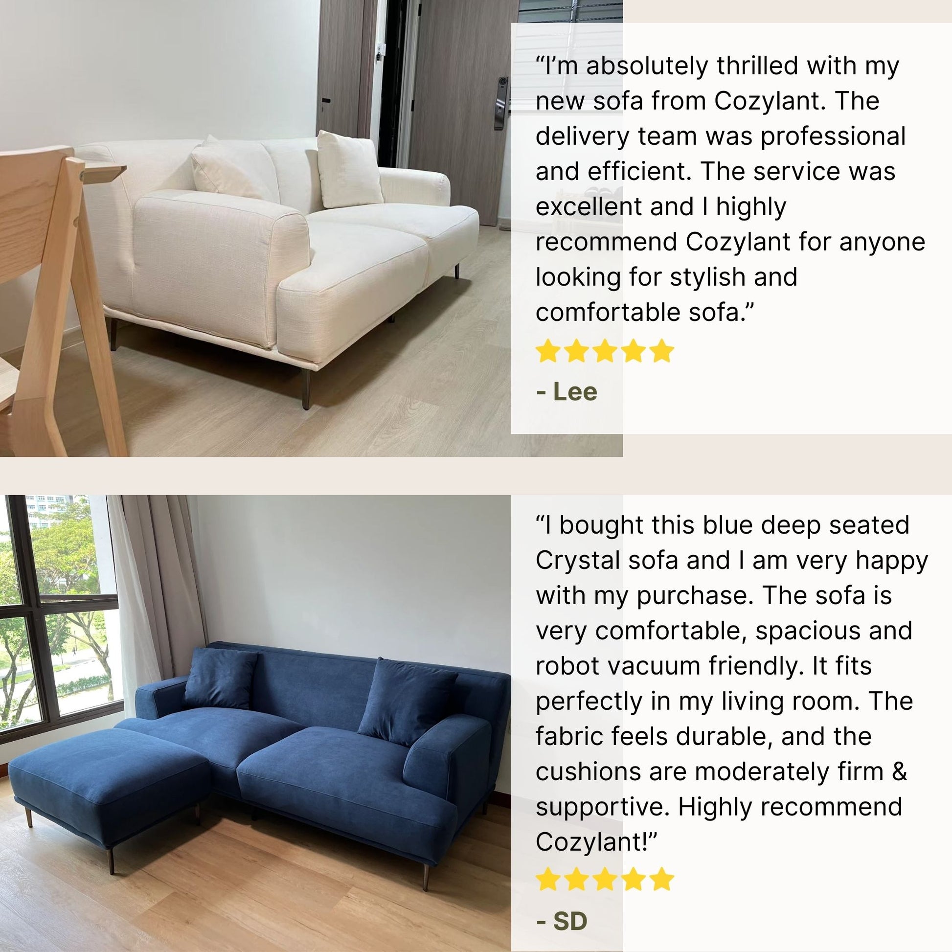 Two images of sofas with customer reviews on Cozylant's Crystal fabric sofa.