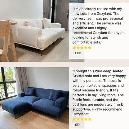 Two images of sofas with customer reviews on Cozylant's Crystal fabric sofa.