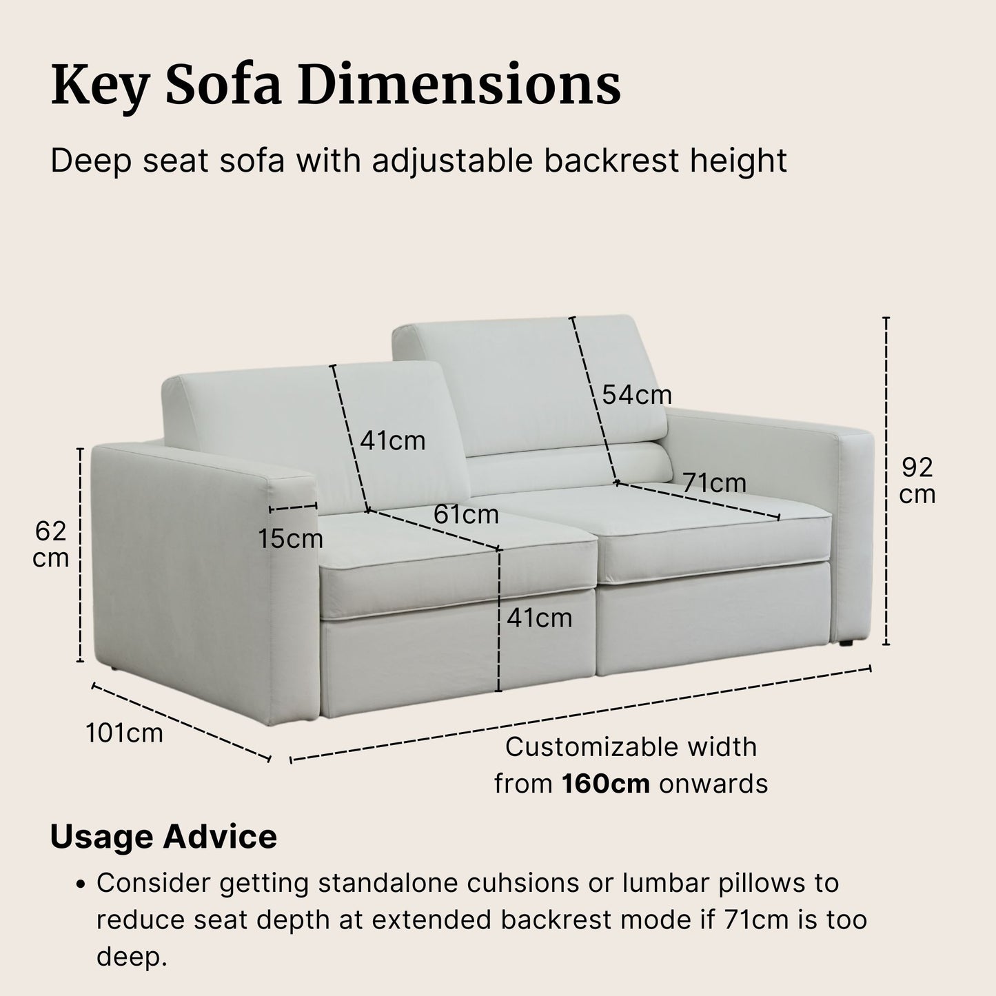 White sofa with dimensions labeled on a beige background