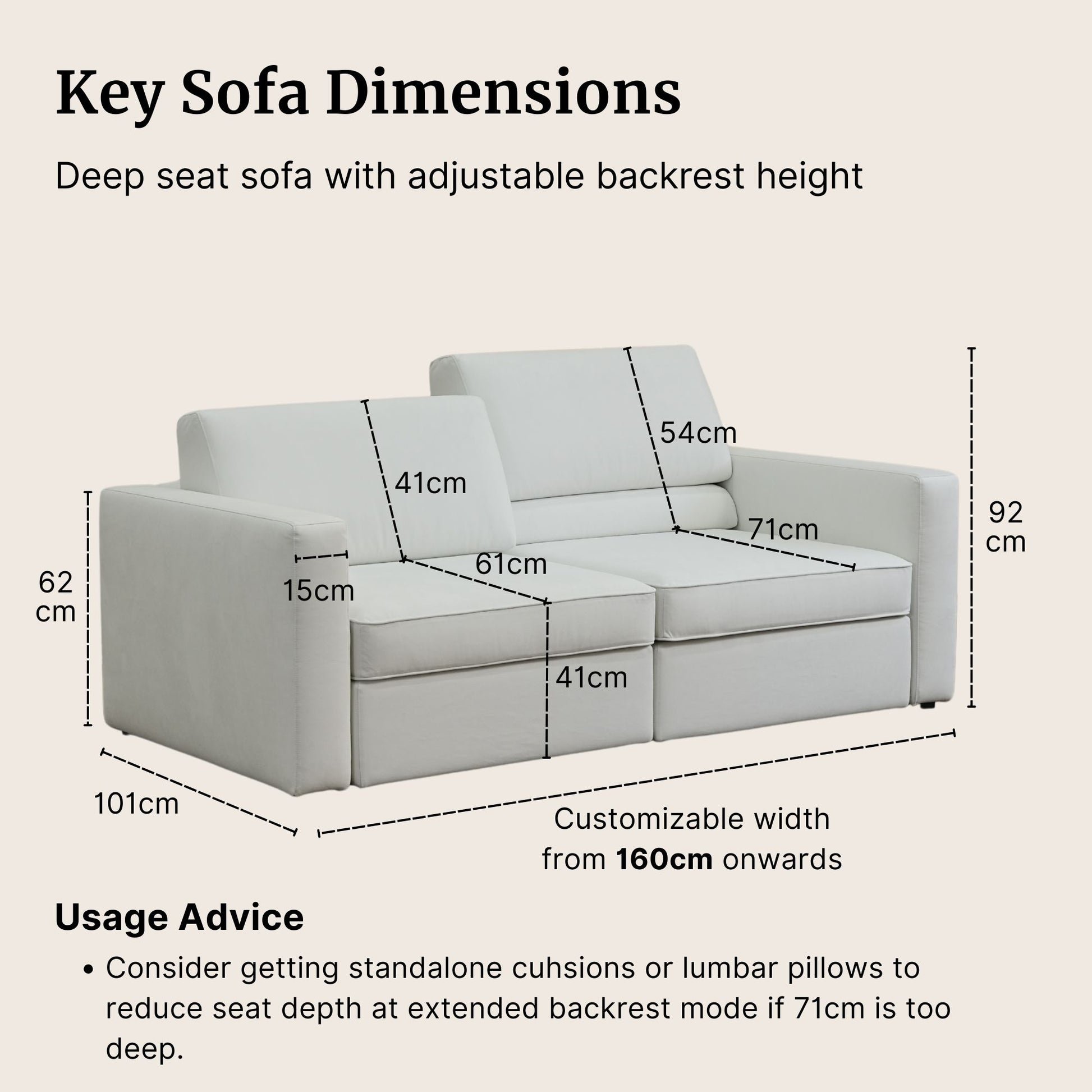 White sofa with dimensions labeled on a beige background
