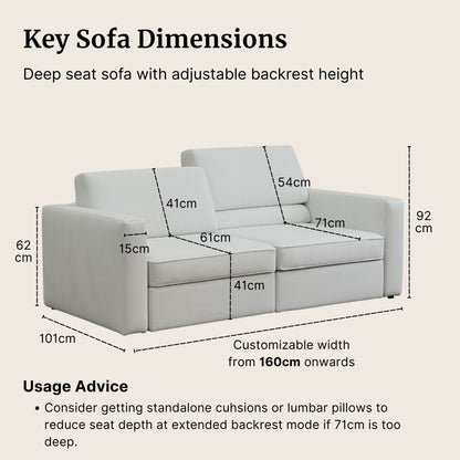 White sofa with dimensions labeled on a beige background