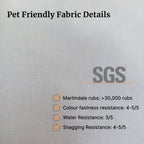 Text detailing pet-friendly fabric properties with SGS logo on a sample close up look of the swatch