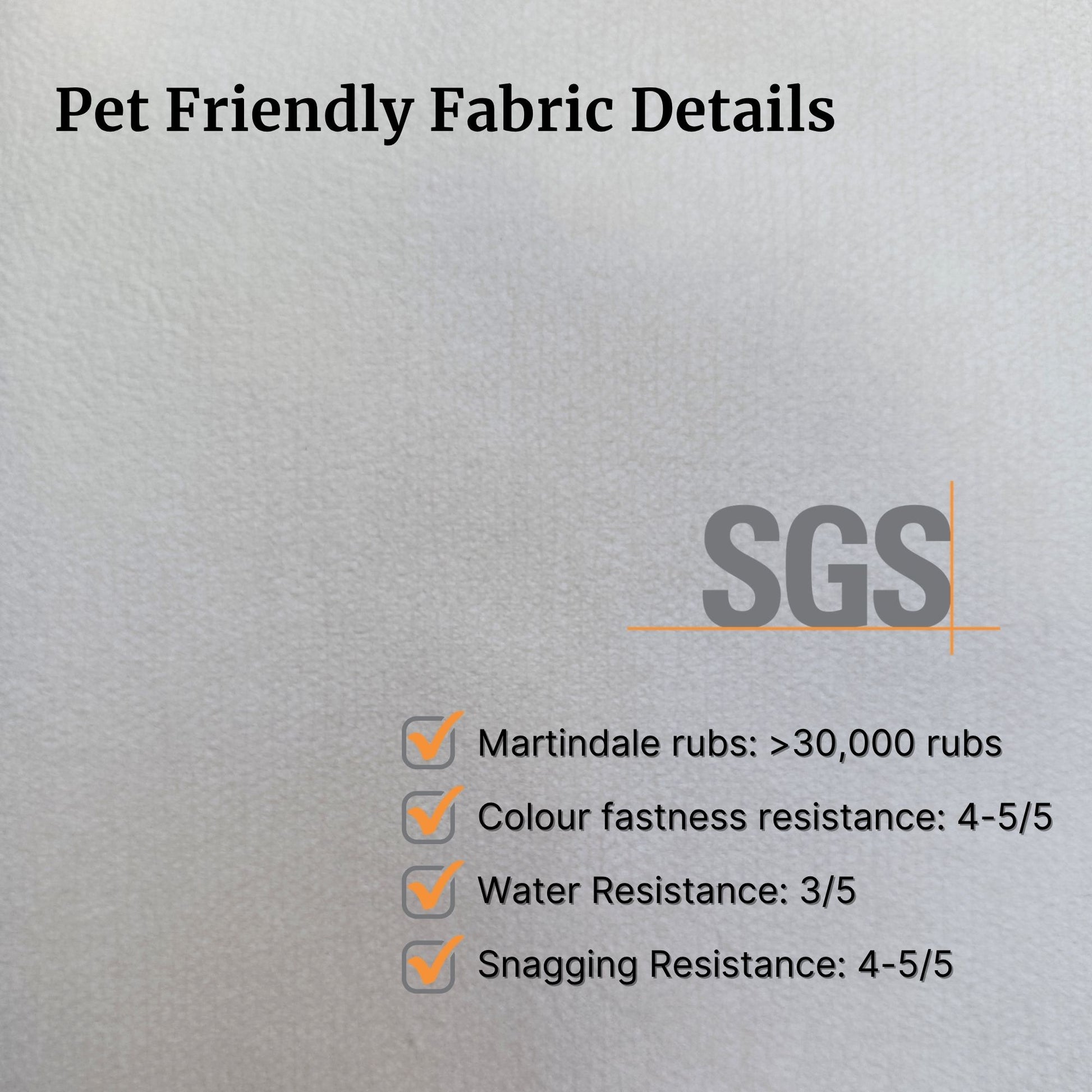Text detailing pet-friendly fabric properties with SGS logo on a sample close up look of the swatch