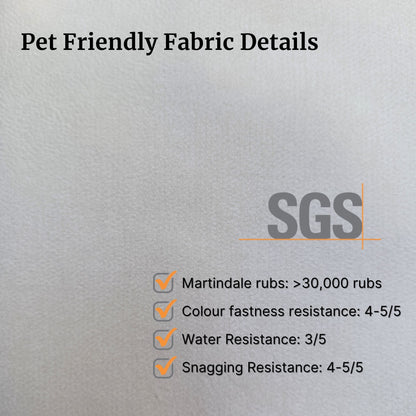 Text detailing pet-friendly fabric properties with SGS logo on a sample close up look of the swatch