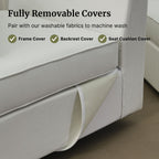 Sofa with fully removable covers labeled for machine washing, including frame, backrest, and seat cushion covers.