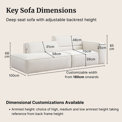 Diagram of a deep seat sofa with adjustable backrest height, showing dimensions on a beige background.
