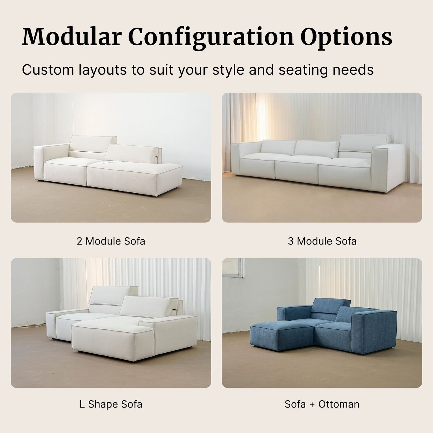 Modular sofa configurations with text on customizable layouts.