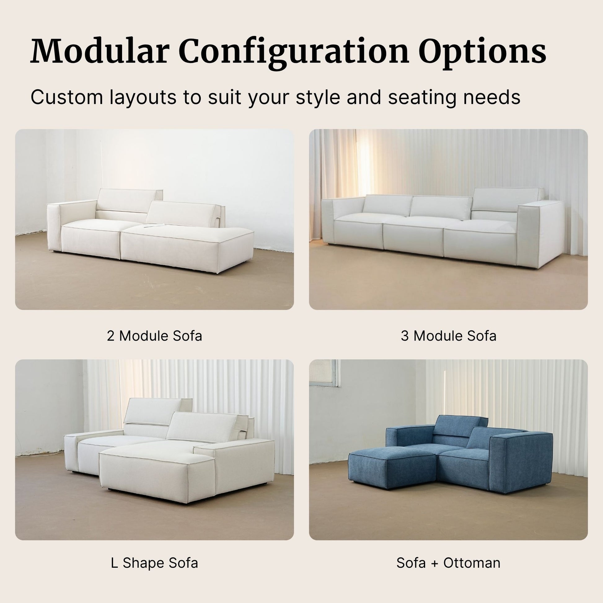Modular sofa configurations with text on customizable layouts.