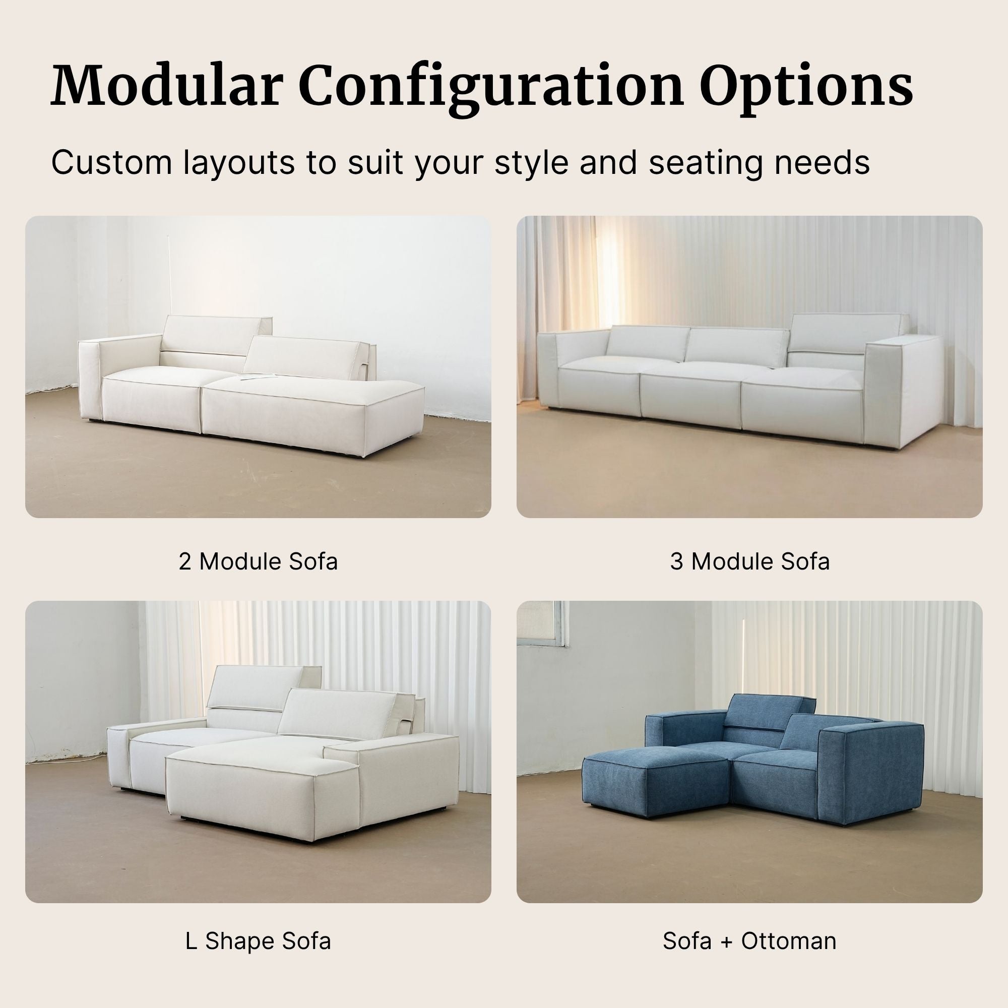 Modular sofa configurations with text on customizable layouts.