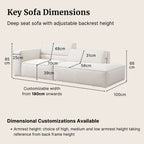 Diagram of a deep seat sofa with adjustable backrest height, showing dimensions on a beige background.