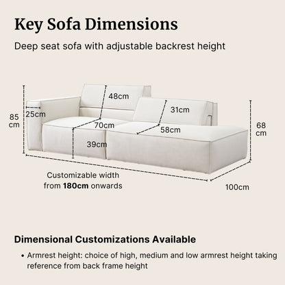 Diagram of a deep seat sofa with adjustable backrest height, showing dimensions on a beige background.