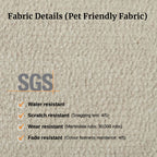 Textured fabric background with SGS certification details on water, scratch, wear, and fade resistance.