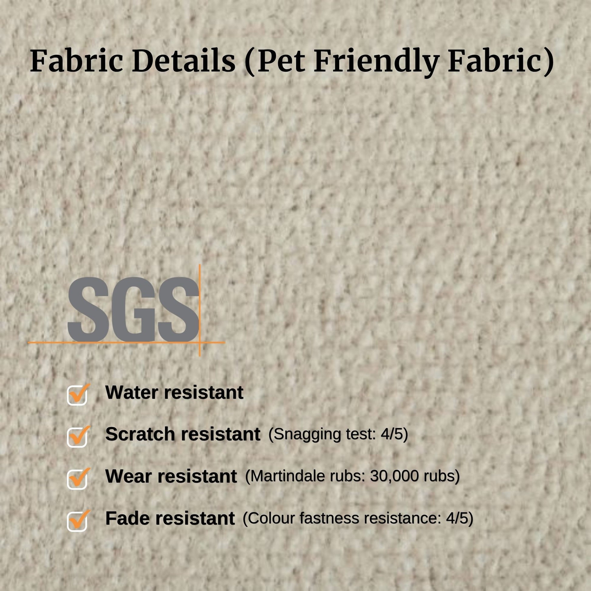 Textured fabric background with SGS certification details on water, scratch, wear, and fade resistance.
