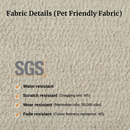 Textured fabric background with SGS certification details on water, scratch, wear, and fade resistance.