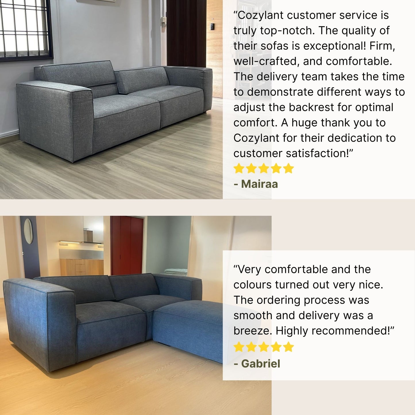 Gray and blue sofas with customer reviews displayed on a white background
