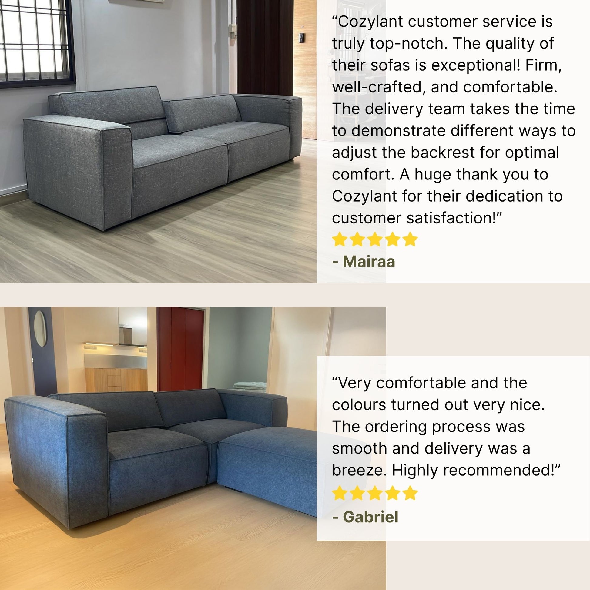 Gray and blue sofas with customer reviews displayed on a white background